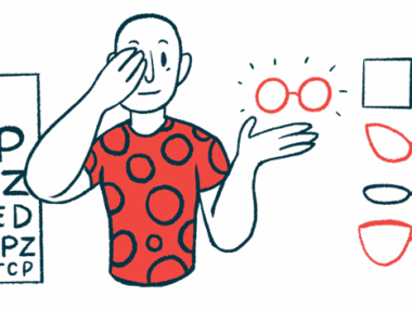 An eye chart and several pairs of glasses surround a person using one hand to cover an eye.