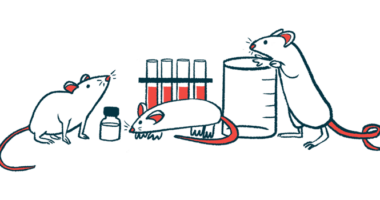 A trio of mice are pictured in a lab alongside a beaker, a medication bottle, and a rack of test tubes.