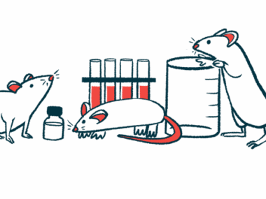 A trio of mice are pictured in a lab alongside a rack of test tubes and a medication bottle, with one climbing on a beaker.