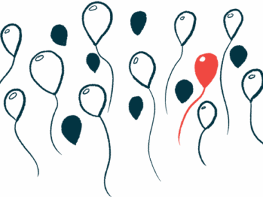 A single red balloon stands out in a group of black and white ones.