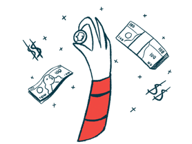 A hand raises a coin amid dollar signs and packets of money.