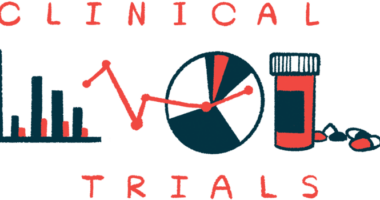 A bar graph, a pie chart, and a bottle of prescription medication are used to illustrate potential clinical trial results.