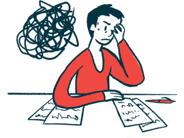 A person holds one hand to the head as a dark cloud hovers nearby.