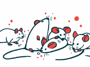 A group of mice cluster together near food pellets, with one mouse holding a pellet in its paws.