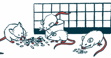 Illustration shows mice in a lab eating.