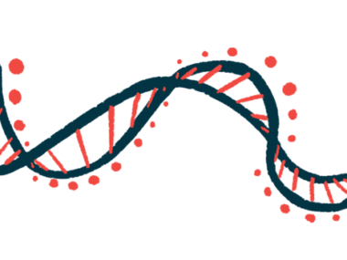 A ribbon model of DNA highlights its double-helix shape.