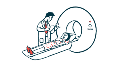 This illustration shows a doctor looking at a chart as a patient prepares to undergo an MRI scan.