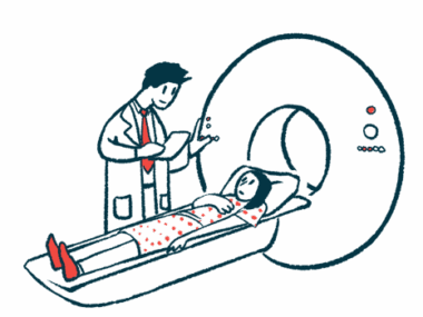 This illustration shows a doctor looking at a chart as a patient prepares to undergo an MRI scan.