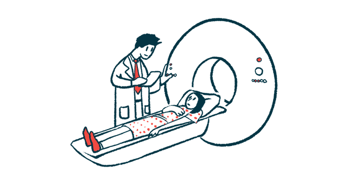 This illustration shows a doctor looking at a chart as a patient prepares to undergo an MRI scan.