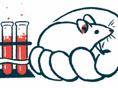 A hand holding a mouse is shown, next to three vials of blood.