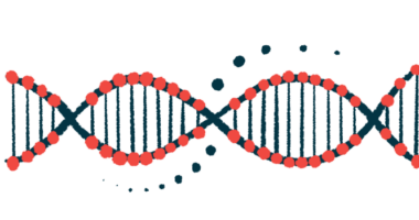 An illustration of a red-and-black DNA strand.