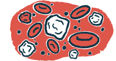 An illustration shows white blood cells on a red background.