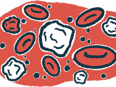 An illustration shows white blood cells on a red background.