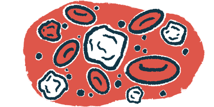 An illustration shows white blood cells on a red background.